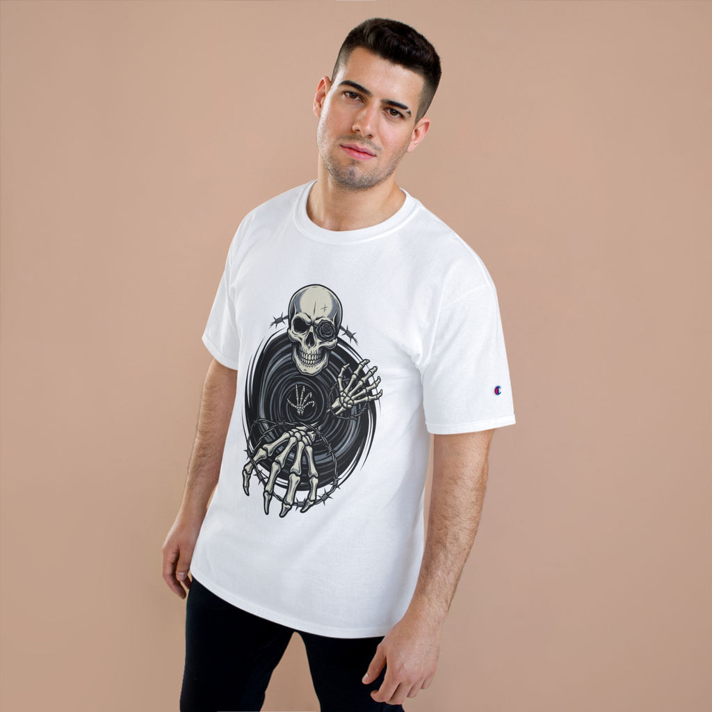 Skull Vinyl Champion T-Shirt — Rocker Skeleton Record Graphic Tee