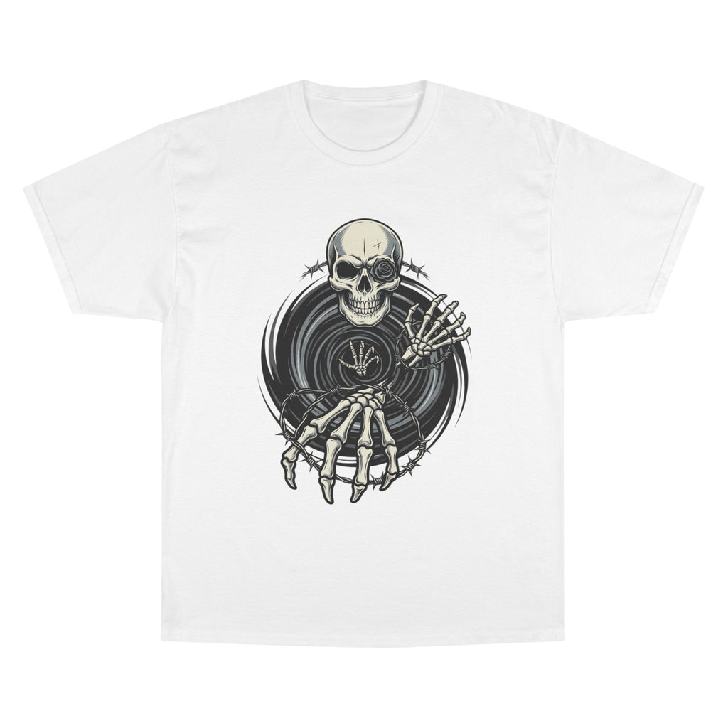 Skull Vinyl Champion T-Shirt — Rocker Skeleton Record Graphic Tee