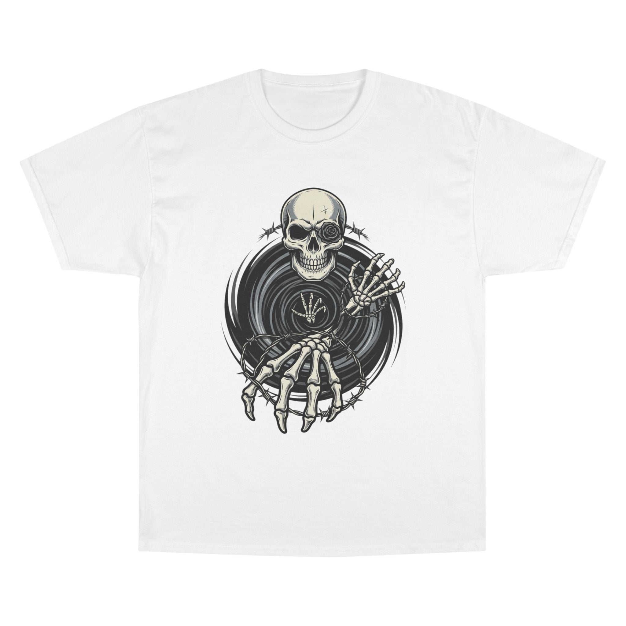 Skull Vinyl Champion T-Shirt — Rocker Skeleton Record Graphic Tee