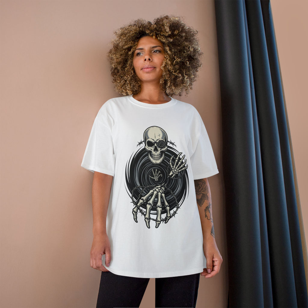 Skull Vinyl Champion T-Shirt — Rocker Skeleton Record Graphic Tee