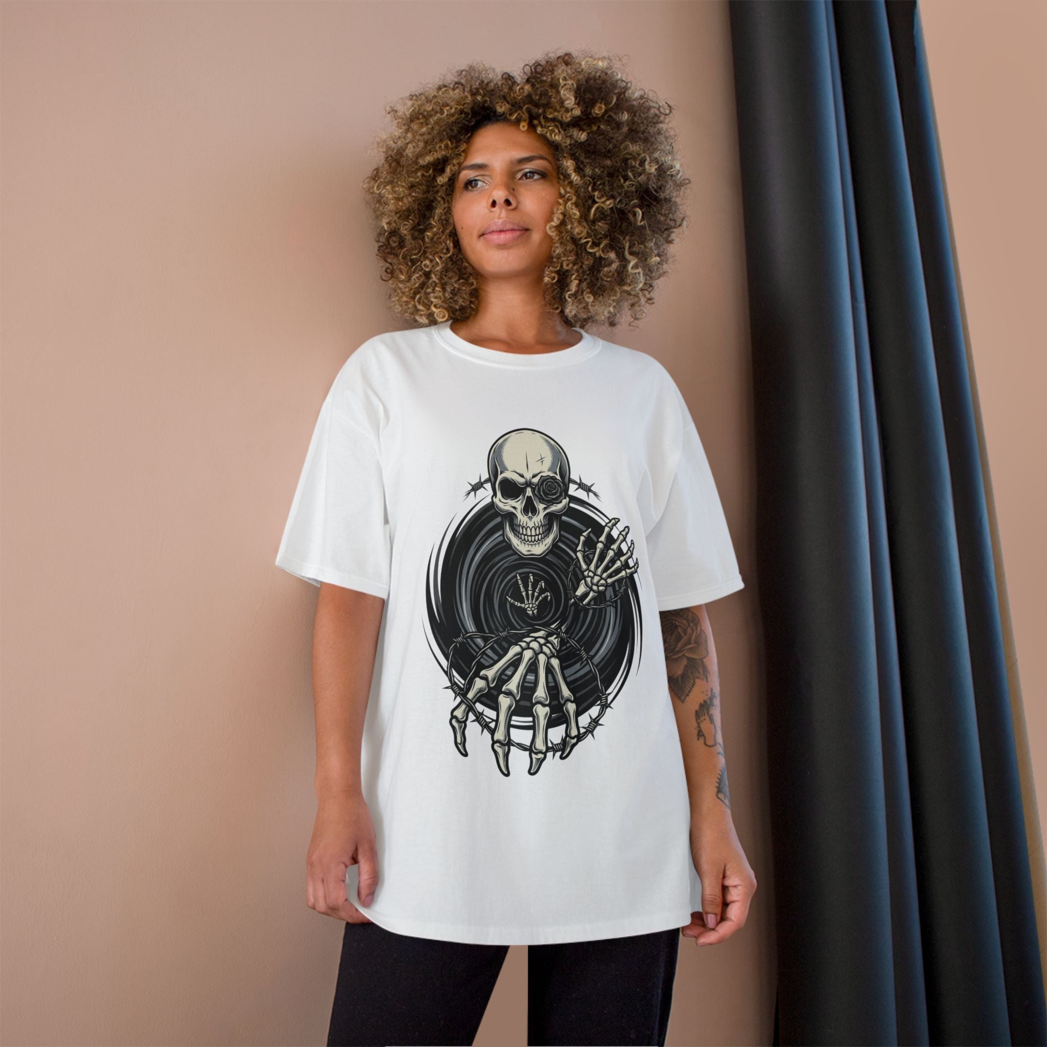 Skull Vinyl Champion T-Shirt — Rocker Skeleton Record Graphic Tee